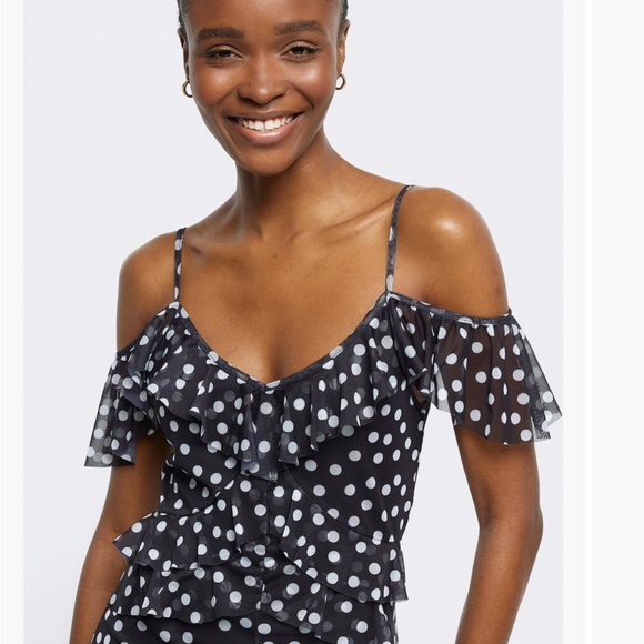 River Island Black Polka Dot One-Shoulder Ruffle Dress NWT - Picture 2 of 8